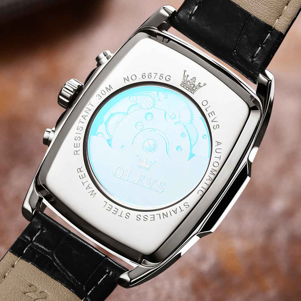 OLEVS 6675 Mechanical Dress Mens Watches Square Brown Skeleton Tourbillion Waterproof Luminous Men's Wrist Watches