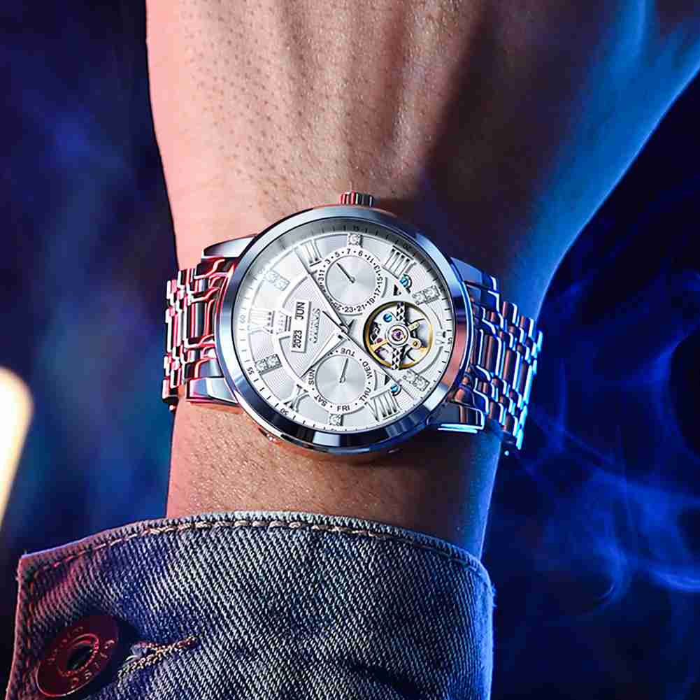 OLEVS 6701 Men's Business Mechanical Watch With Hollow Design, Annual Calendar, Luminous Hands, Waterproof 3ATM, Roman Numerals, And Diamond Accents