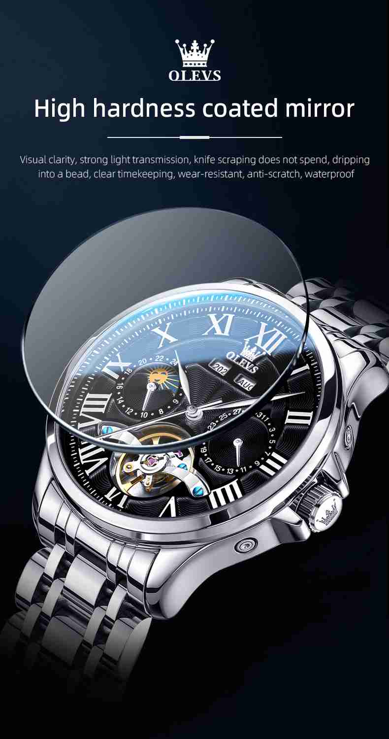 OLEVS 7013 Men's Mechanical Watch With Skeleton Design, Roman Numerals