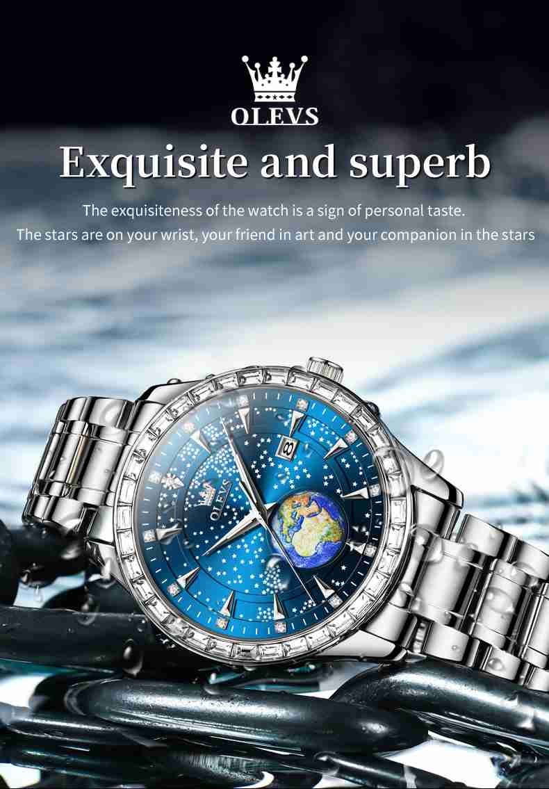 OLEVS 9967 Men's Business Quartz Leather and Metal Strap Watch, 3ATM Waterproof, Starry Sky Earth Calendar, Diamond Accents