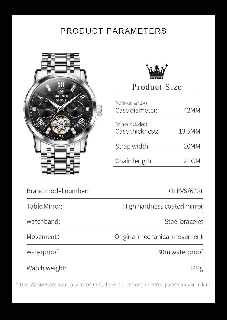 OLEVS 6701 Men's Business Mechanical Watch With Hollow Design, Annual Calendar, Luminous Hands, Waterproof 3ATM, Roman Numerals, And Diamond Accents