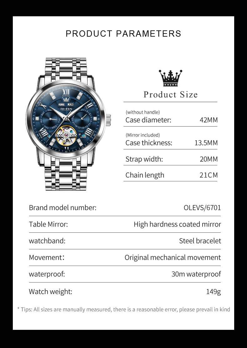 OLEVS 6701 Men's Business Mechanical Watch With Hollow Design, Annual Calendar, Luminous Hands, Waterproof 3ATM, Roman Numerals, And Diamond Accents