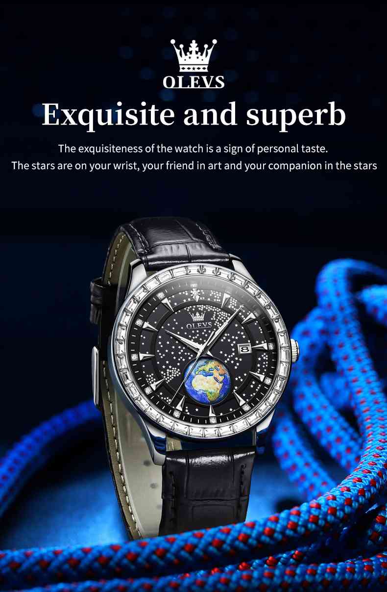 OLEVS 9967 Men's Business Quartz Leather and Metal Strap Watch, 3ATM Waterproof, Starry Sky Earth Calendar, Diamond Accents