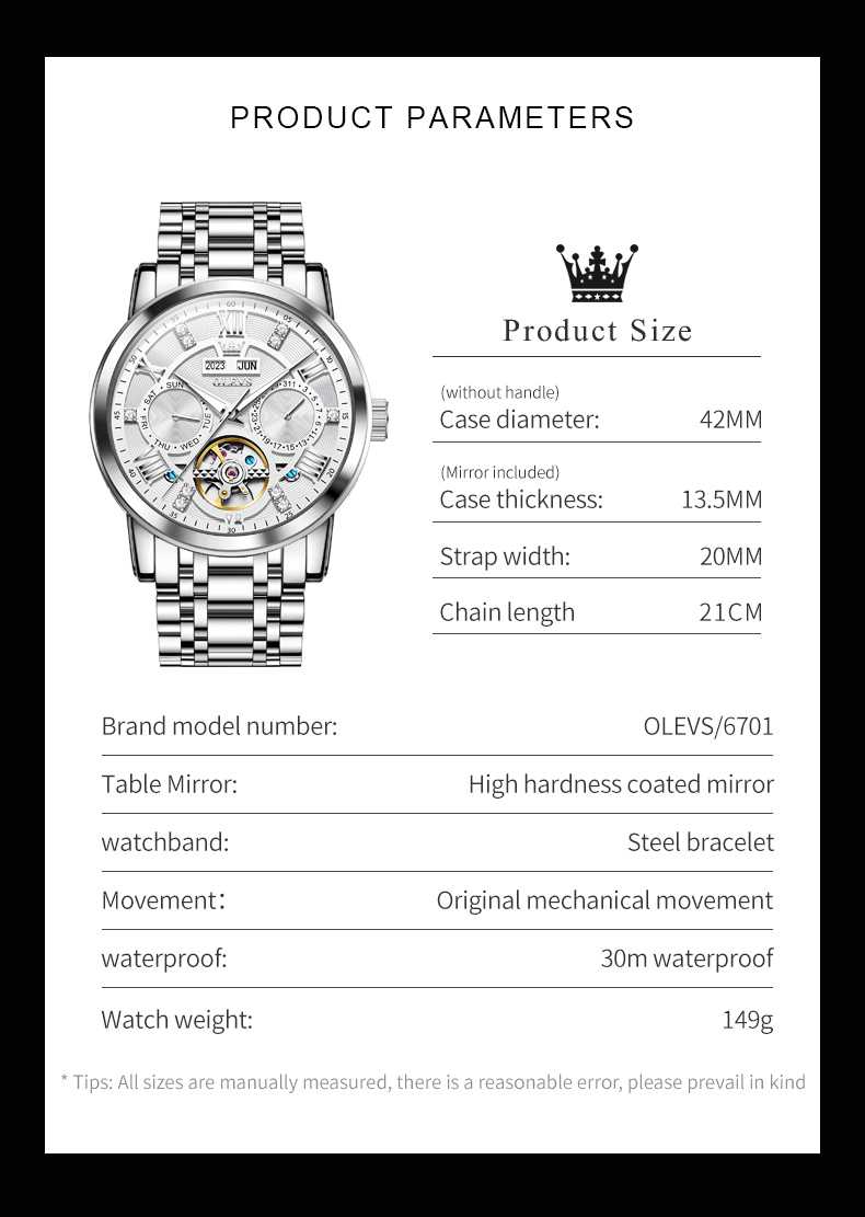 OLEVS 6701 Men's Business Mechanical Watch With Hollow Design, Annual Calendar, Luminous Hands, Waterproof 3ATM, Roman Numerals, And Diamond Accents