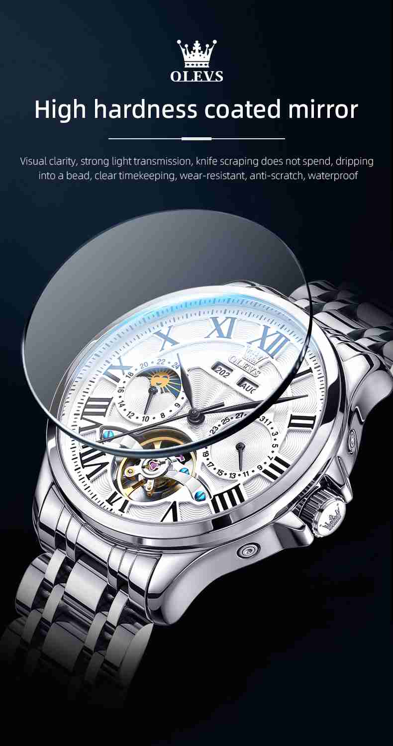 OLEVS 7013 Men's Mechanical Watch With Skeleton Design, Roman Numerals