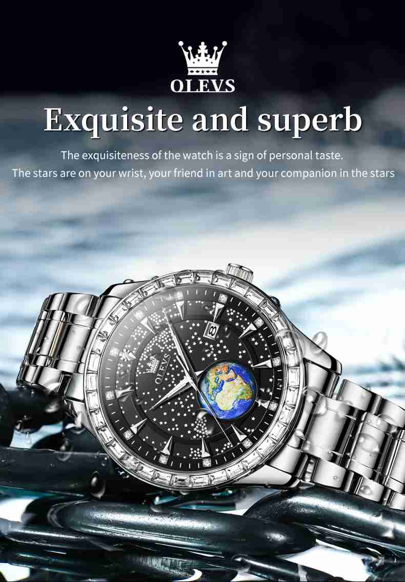 OLEVS 9967 Men's Business Quartz Leather and Metal Strap Watch, 3ATM Waterproof, Starry Sky Earth Calendar, Diamond Accents