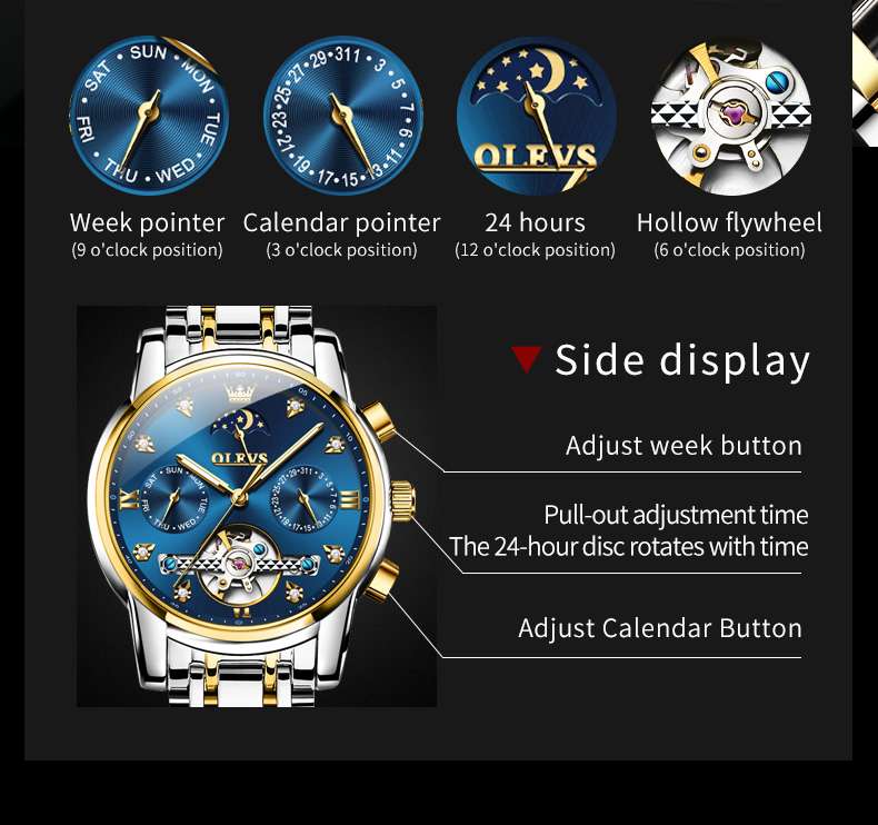 OLEVS 6678 Automatic Watches For Men Gold Luxury Dress Wrist Watch Self Winding Mechanical Skeleton Tourbillon Watch