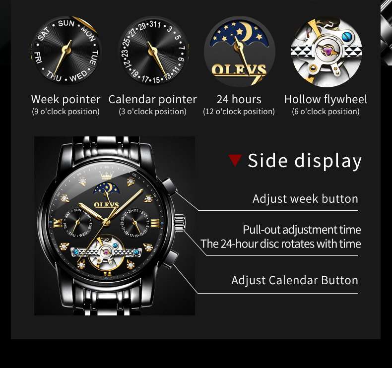 OLEVS 6678 Automatic Watches For Men Gold Luxury Dress Wrist Watch Self Winding Mechanical Skeleton Tourbillon Watch