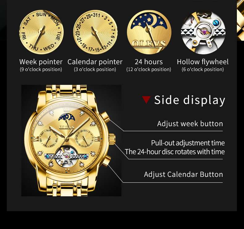 OLEVS 6678 Automatic Watches For Men Gold Luxury Dress Wrist Watch Self Winding Mechanical Skeleton Tourbillon Watch