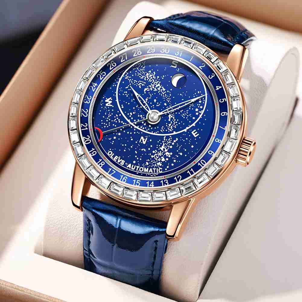 OLEVS 9923 Starry Sky Moon Phase Men's Automatic Mechanical Watches Blue Leather Luxury Dress Waterproof Luminous Wrist Watches