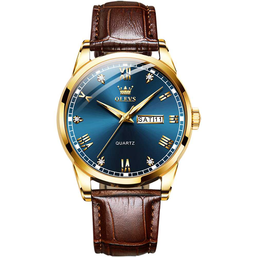 #Color_Brown Strap-Blue Dial Gold Trim