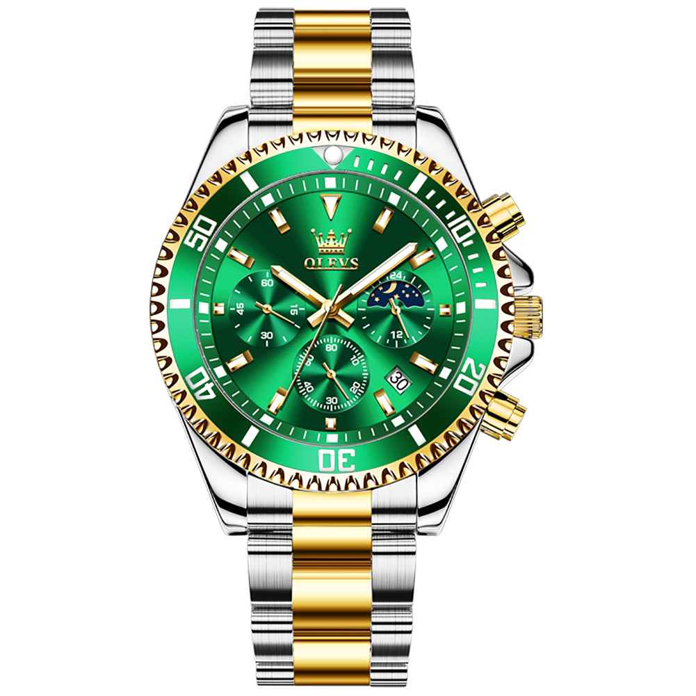 #Color_Two Tone Strap - Green Dial Gold Trim