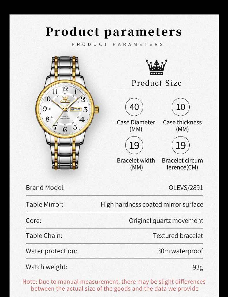 OLEVS 2891 Watch For Men Luxury Dress Analog Quartz Stainless Steel Waterproof Luminous Date Diamond Business Two Tone Casual Wrist Watch