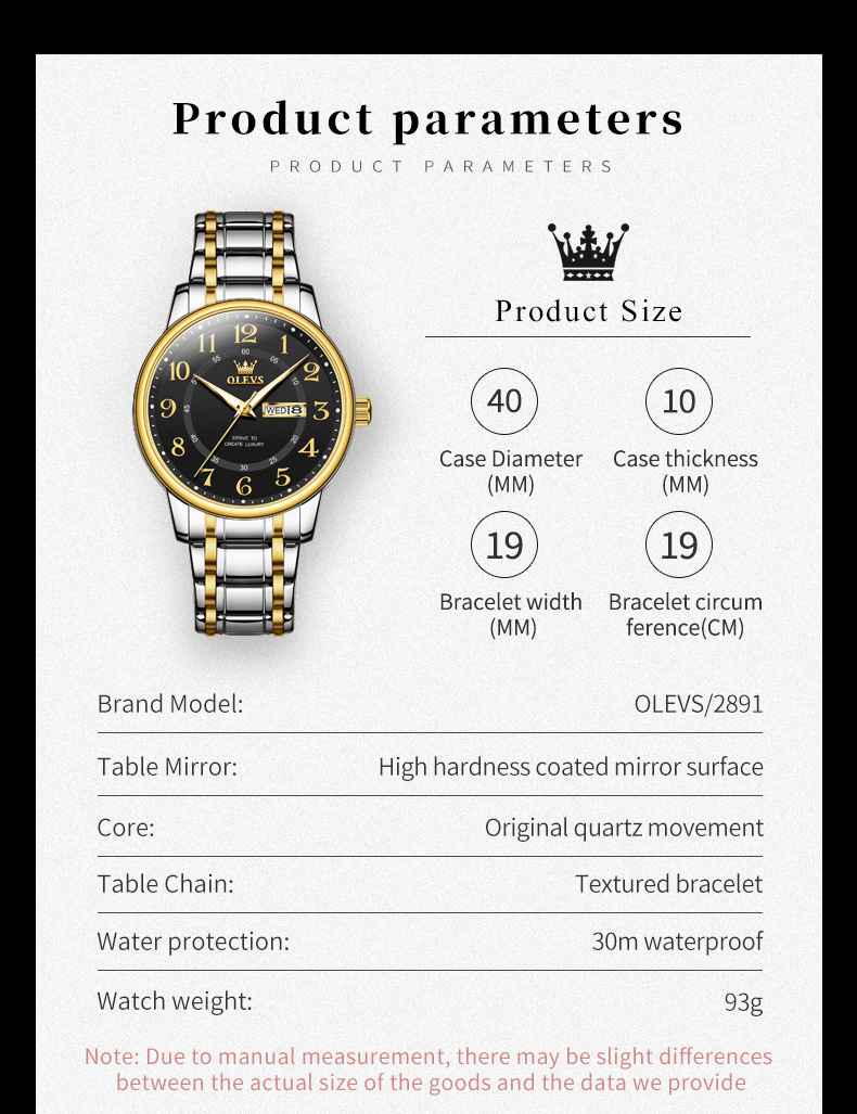 OLEVS 2891 Watch For Men Luxury Dress Analog Quartz Stainless Steel Waterproof Luminous Date Diamond Business Two Tone Casual Wrist Watch