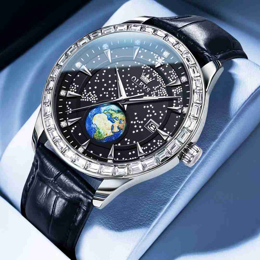 OLEVS 9967 Men's Business Quartz Leather and Metal Strap Watch, 3ATM Waterproof, Starry Sky Earth Calendar, Diamond Accents