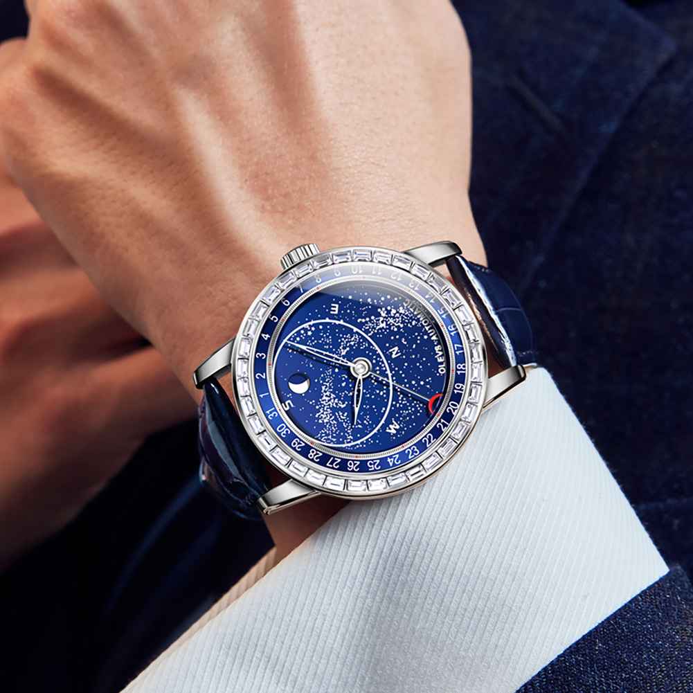 OLEVS 9923 Starry Sky Moon Phase Men's Automatic Mechanical Watches Blue Leather Luxury Dress Waterproof Luminous Wrist Watches