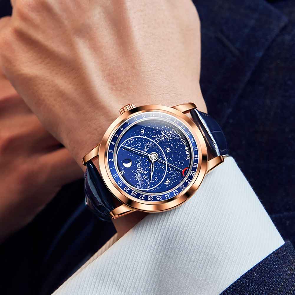 OLEVS 9923 Starry Sky Moon Phase Men's Automatic Mechanical Watches Blue Leather Luxury Dress Waterproof Luminous Wrist Watches