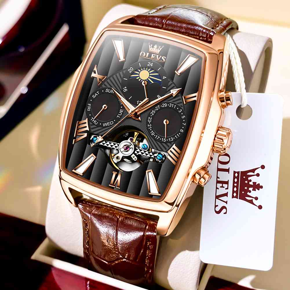 OLEVS 6675 Mechanical Dress Mens Watches Square Brown Skeleton Tourbillion Waterproof Luminous Men's Wrist Watches