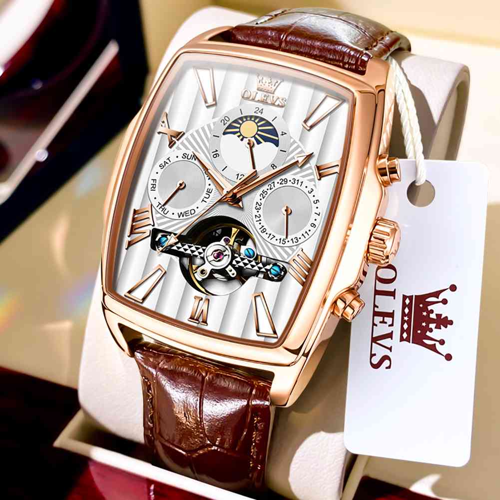 OLEVS 6675 Mechanical Dress Mens Watches Square Brown Skeleton Tourbillion Waterproof Luminous Men's Wrist Watches