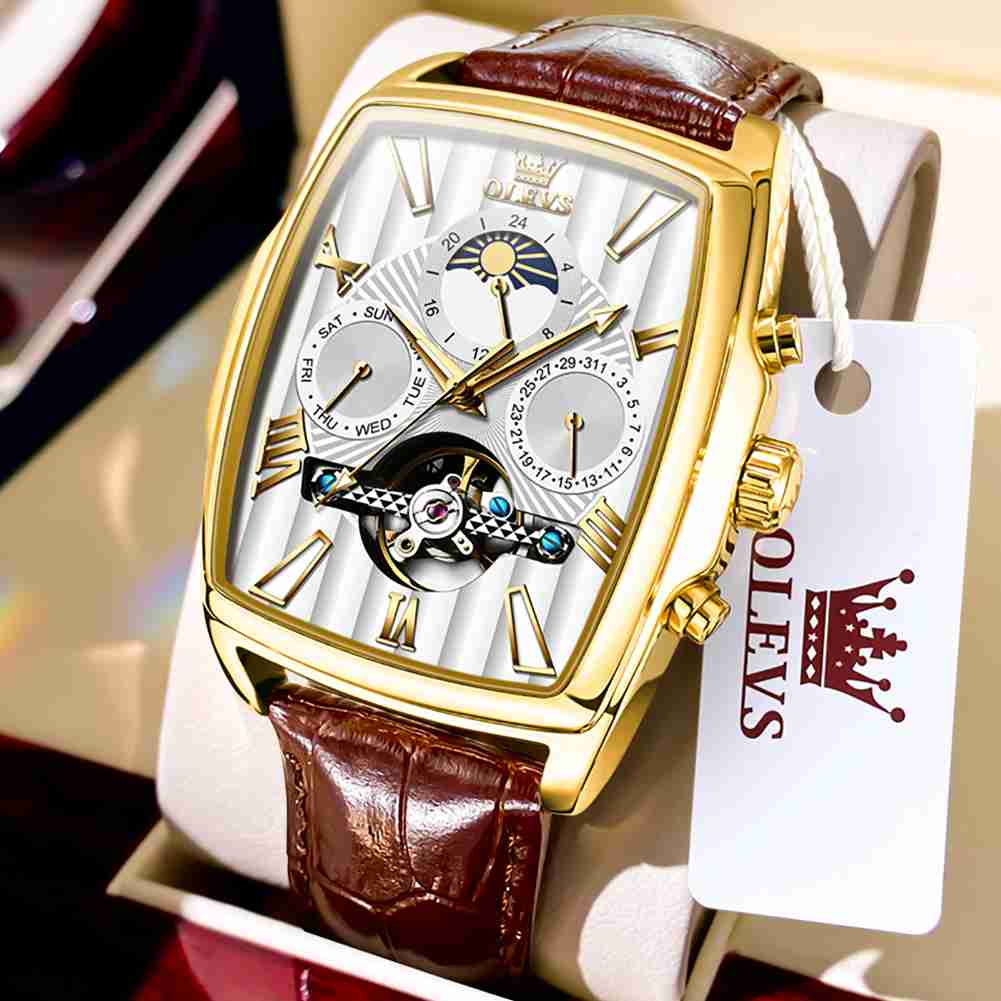 OLEVS 6675 Mechanical Dress Mens Watches Square Brown Skeleton Tourbillion Waterproof Luminous Men's Wrist Watches