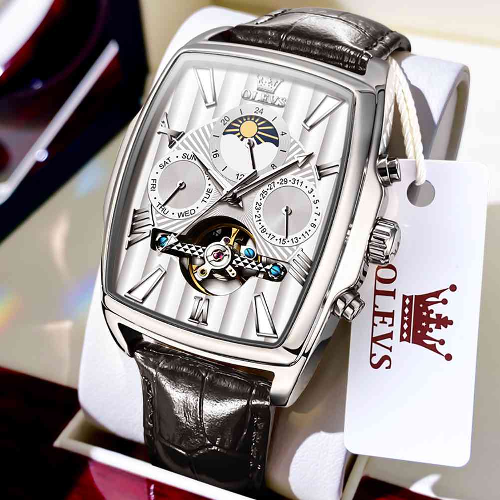 OLEVS 6675 Mechanical Dress Mens Watches Square Brown Skeleton Tourbillion Waterproof Luminous Men's Wrist Watches