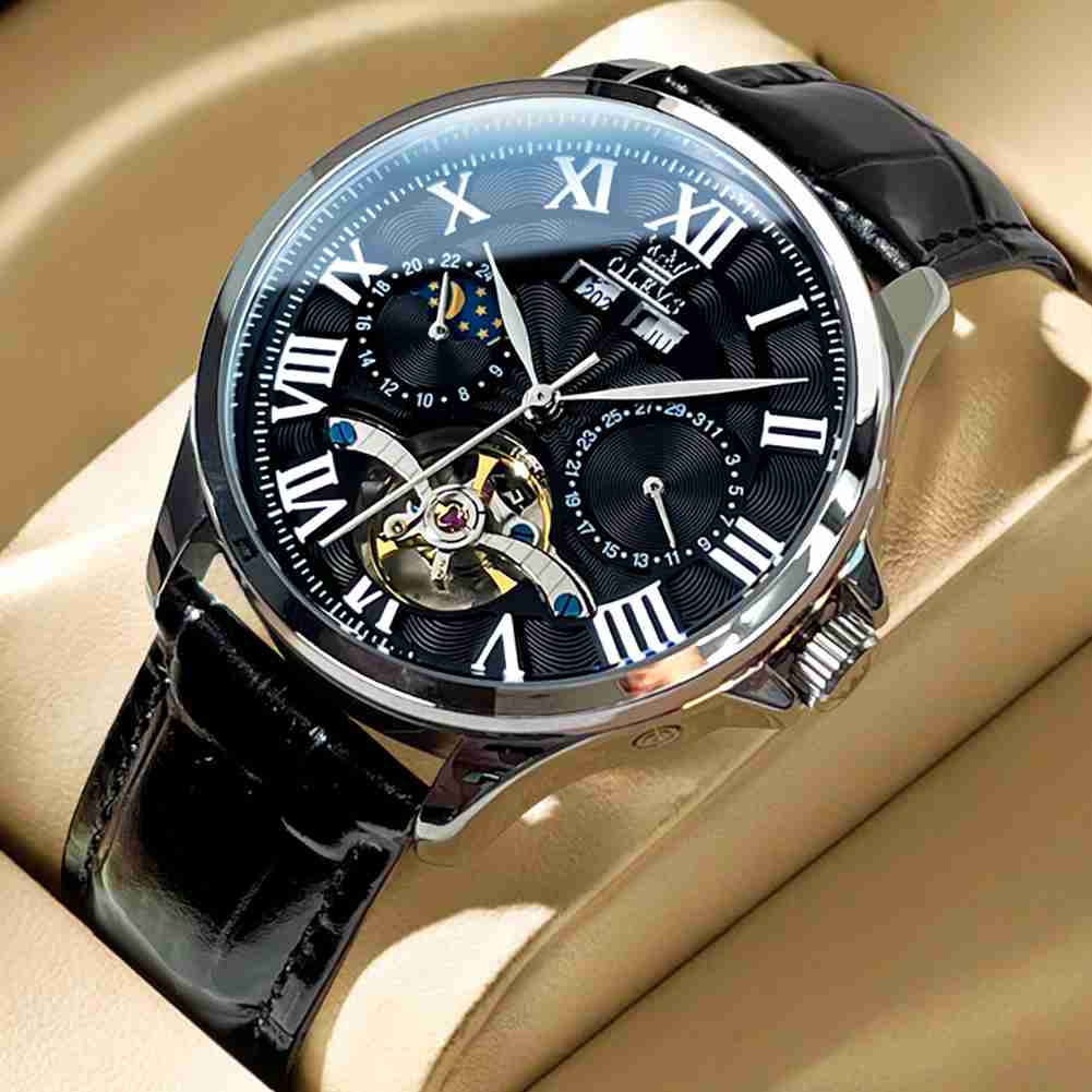 OLEVS 7013 Men's Mechanical Watch With Skeleton Design, Roman Numerals