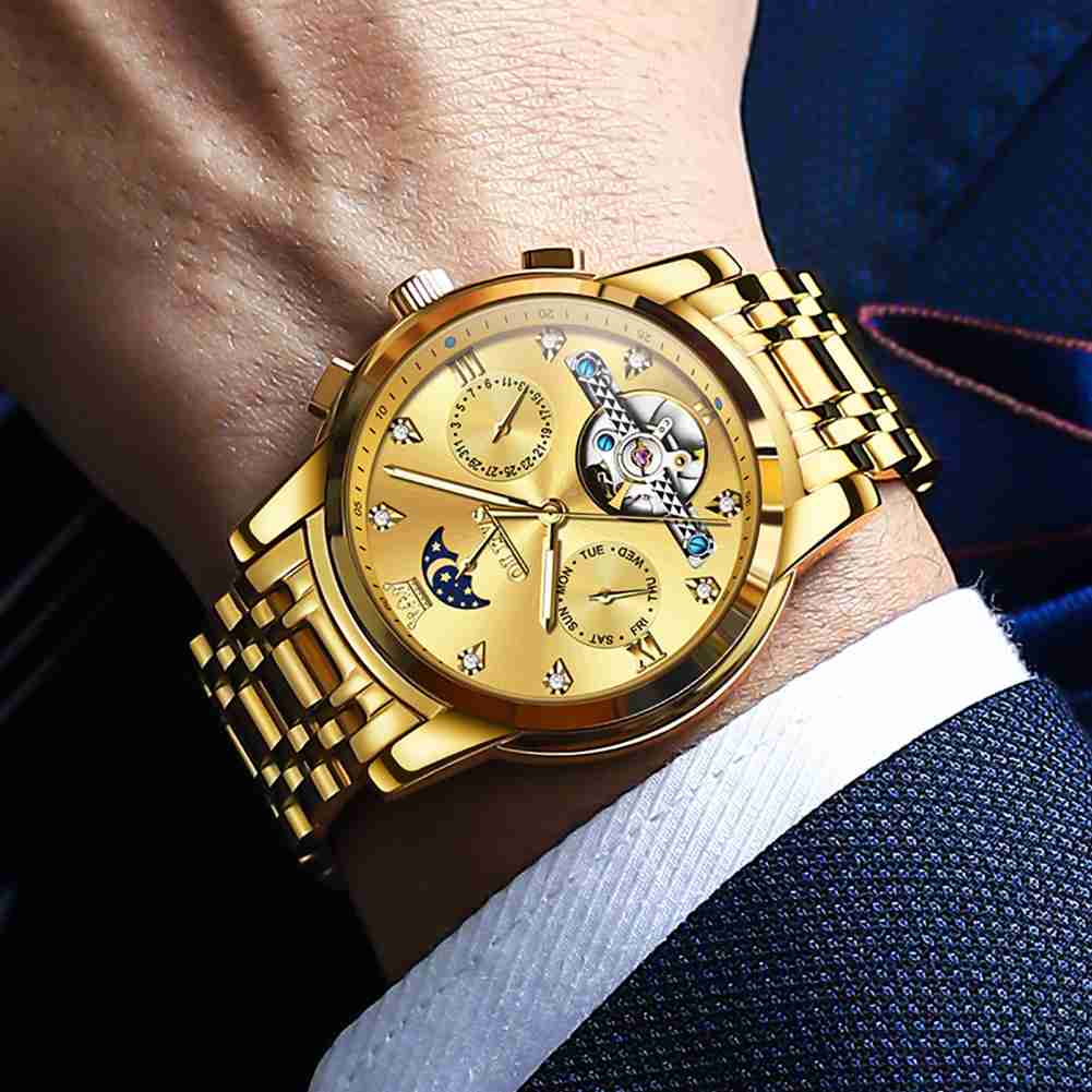 OLEVS 6678 Automatic Watches For Men Gold Luxury Dress Wrist Watch Self Winding Mechanical Skeleton Tourbillon Watch