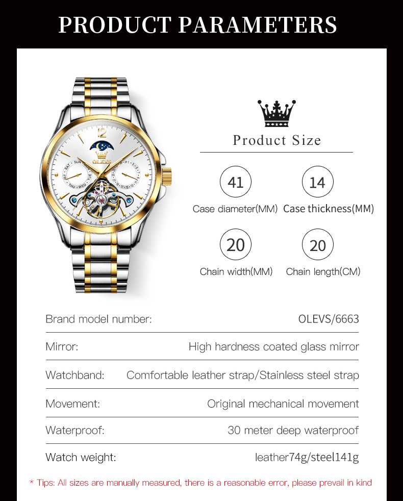 OLEVS 6663 Men's Mechanical Stainless Steel Watch With 3ATM Water Resistance, Moon Phase, Calendar, Weekday, Hollow Design Display