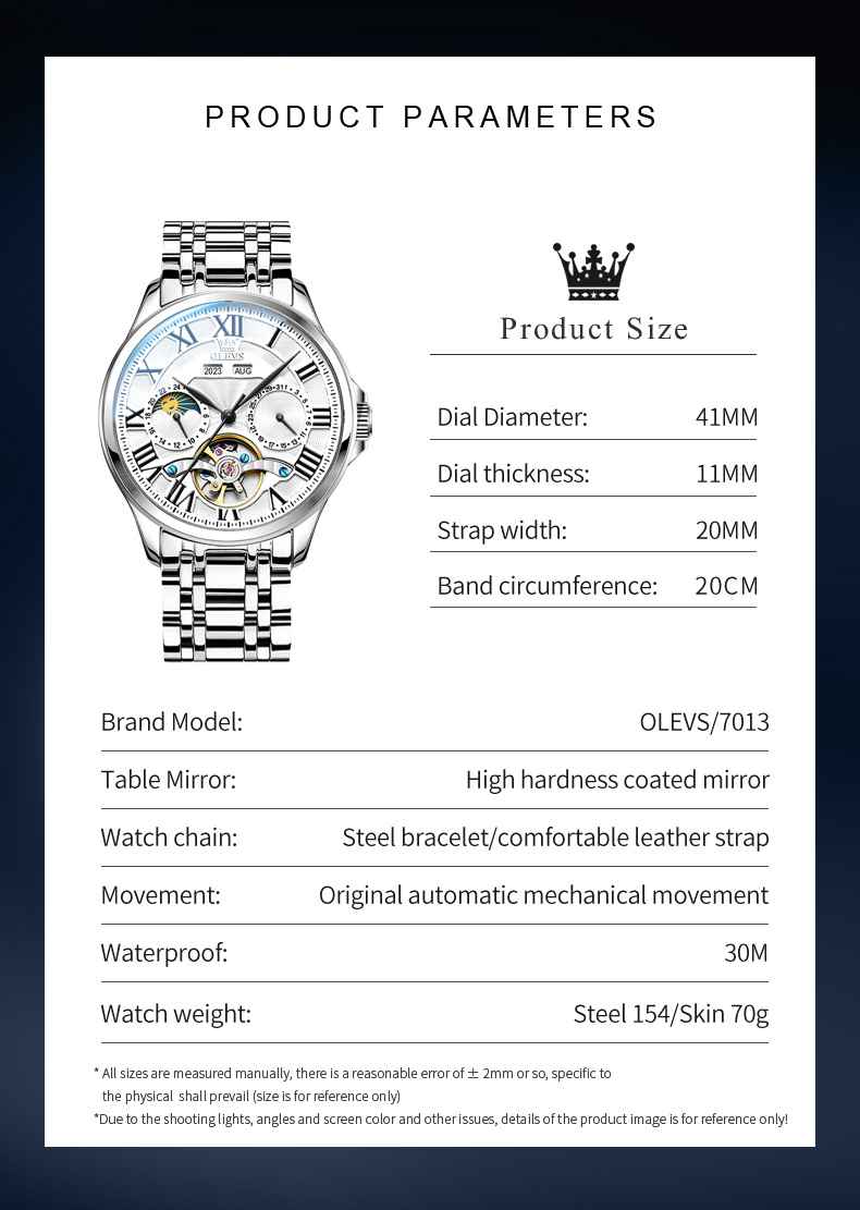 OLEVS 7013 Men's Mechanical Watch With Skeleton Design, Roman Numerals