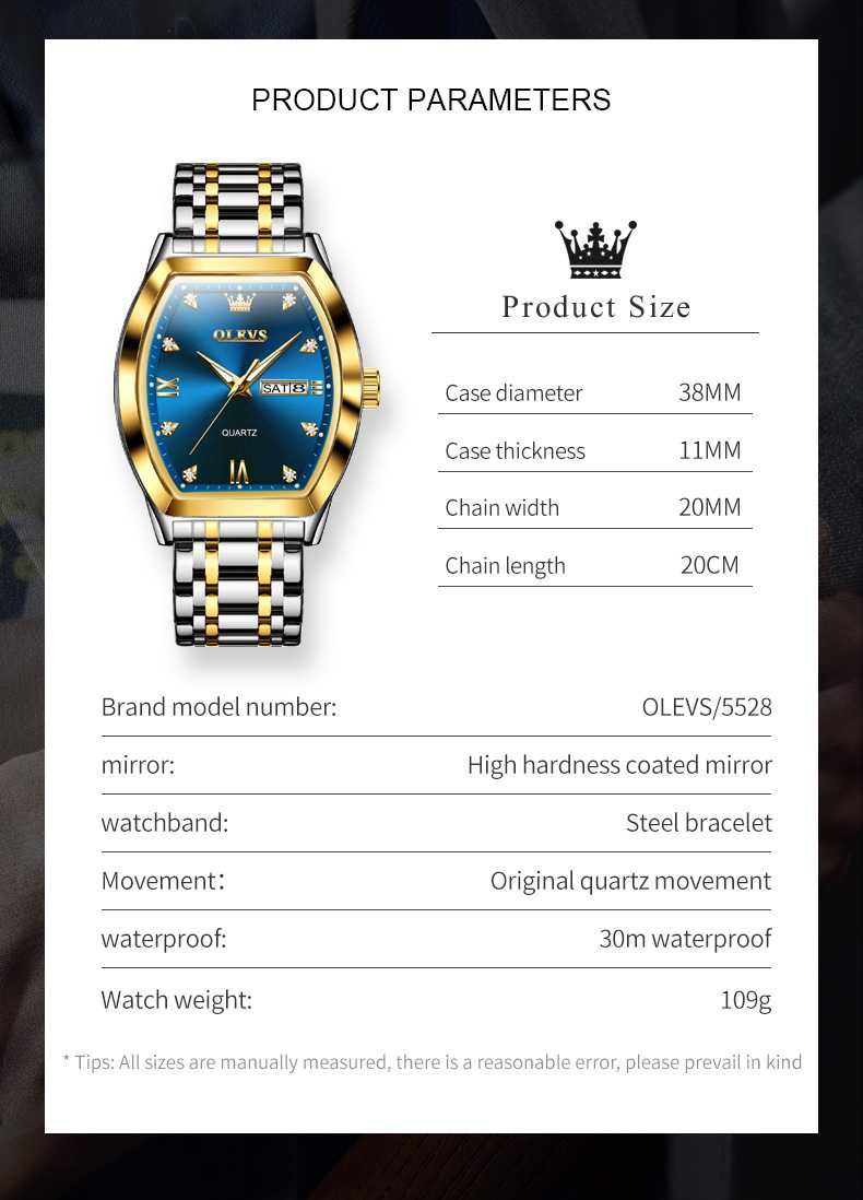 OLEVS 5528 Gold Watch Men Dress Diamond Tonneau Big Face Men Wrist Watch Waterproof Dual Watch Gift