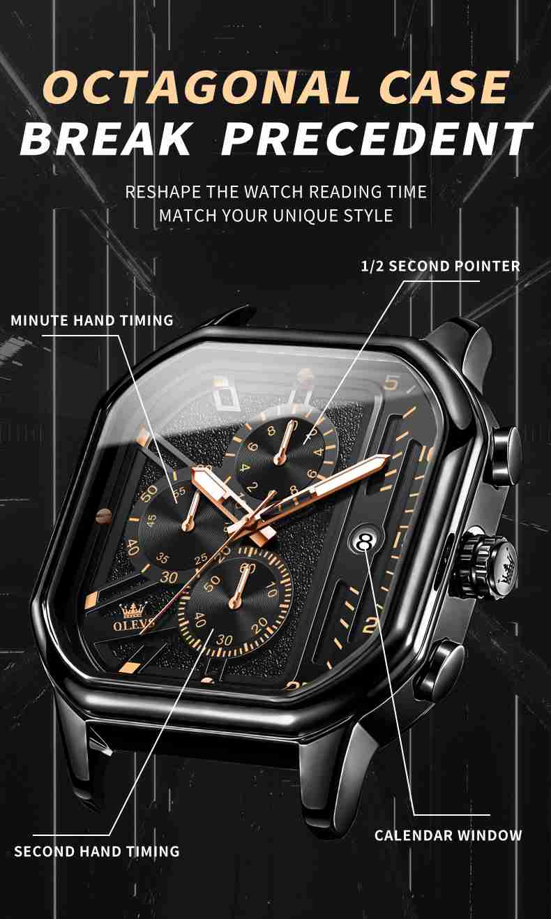 OLEVS 9950 Square Watches For Men Chronograph Dress Watch Sports Fashion Waterproof Luminous Casual Wrist Watches