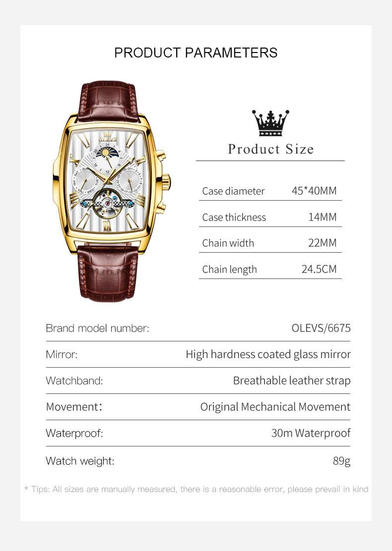 OLEVS 6675 Mechanical Dress Mens Watches Square Brown Skeleton Tourbillion Waterproof Luminous Men's Wrist Watches