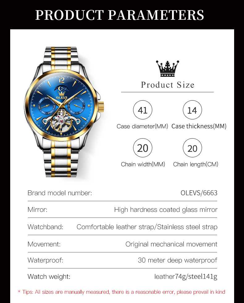 OLEVS 6663 Men's Mechanical Stainless Steel Watch With 3ATM Water Resistance, Moon Phase, Calendar, Weekday, Hollow Design Display