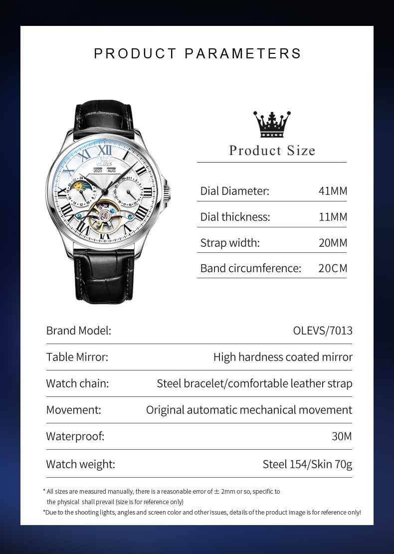 OLEVS 7013 Men's Mechanical Watch With Skeleton Design, Roman Numerals