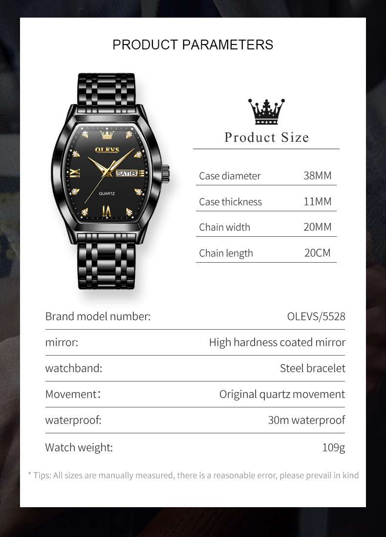 OLEVS 5528 Gold Watch Men Dress Diamond Tonneau Big Face Men Wrist Watch Waterproof Dual Watch Gift