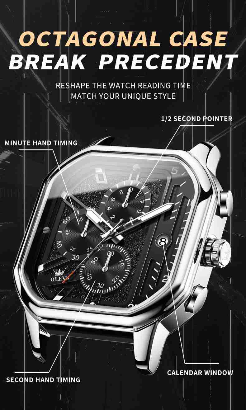 OLEVS 9950 Square Watches For Men Chronograph Dress Watch Sports Fashion Waterproof Luminous Casual Wrist Watches