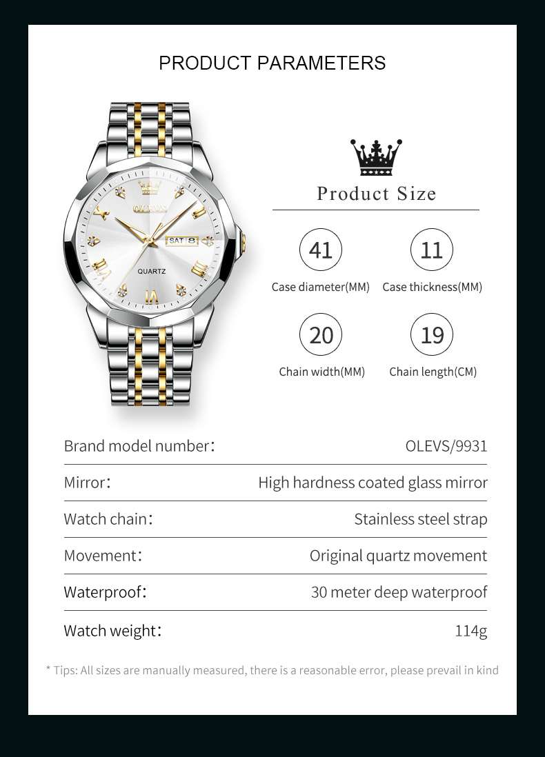 OLEVS 9931 Watches For Men Diamond Dress Luxury Casual Fashion Wrist Watch Waterproof Luminou