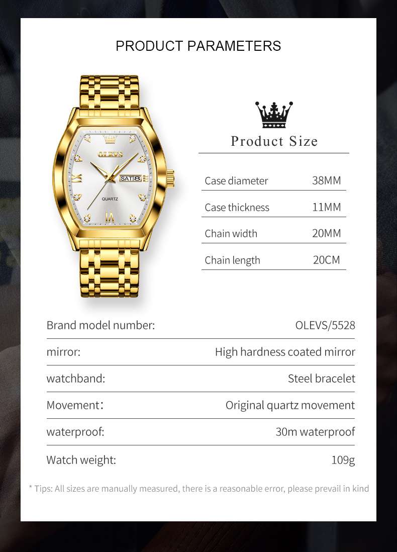 OLEVS 5528 Gold Watch Men Dress Diamond Tonneau Big Face Men Wrist Watch Waterproof Dual Watch Gift