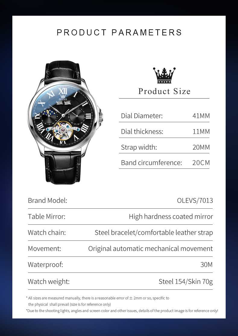 OLEVS 7013 Men's Mechanical Watch With Skeleton Design, Roman Numerals