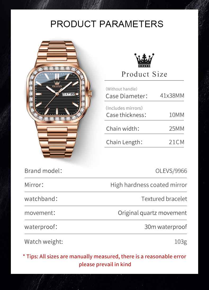 OLEVS 9966 Men's Quartz Stainless Steel Watch With Diamond Face, Business Style, Calendar, Weekday Display, 3ATM Water Resistance, Conch-Shaped Design