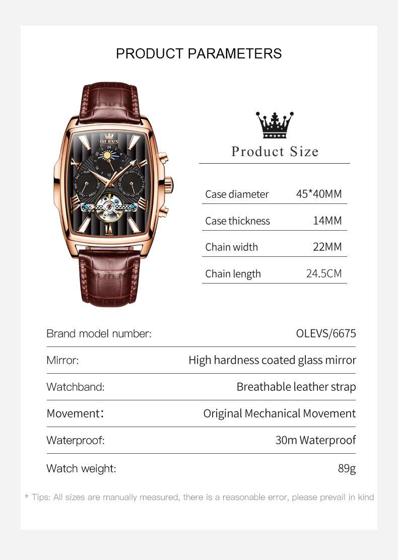 OLEVS 6675 Mechanical Dress Mens Watches Square Brown Skeleton Tourbillion Waterproof Luminous Men's Wrist Watches