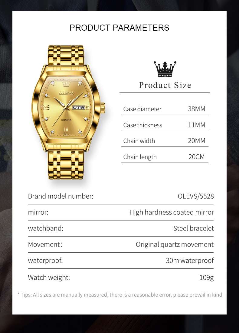 OLEVS 5528 Gold Watch Men Dress Diamond Tonneau Big Face Men Wrist Watch Waterproof Dual Watch Gift