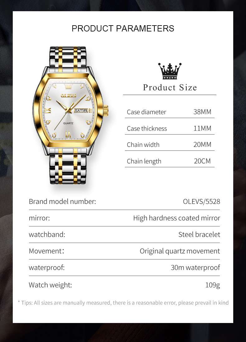 OLEVS 5528 Gold Watch Men Dress Diamond Tonneau Big Face Men Wrist Watch Waterproof Dual Watch Gift