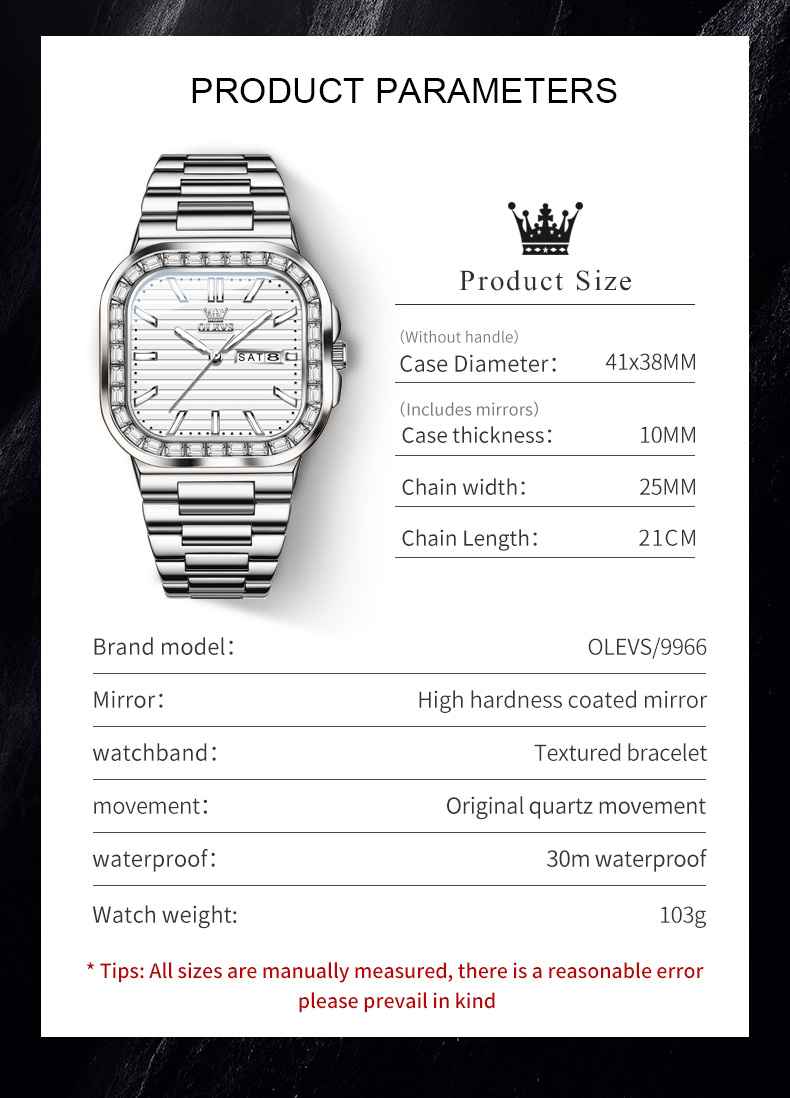 OLEVS 9966 Men's Quartz Stainless Steel Watch With Diamond Face, Business Style, Calendar, Weekday Display, 3ATM Water Resistance, Conch-Shaped Design