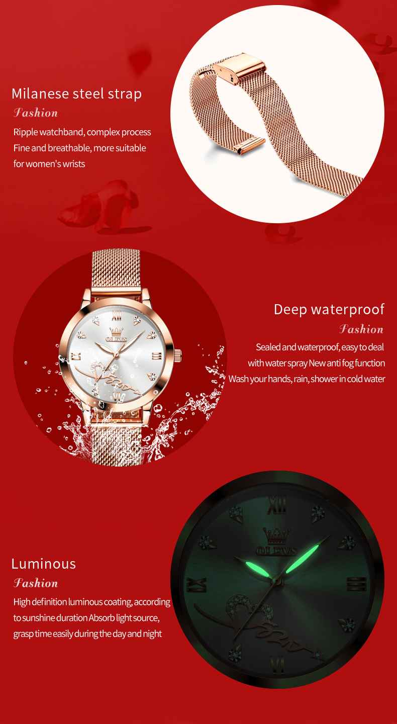 OLEVS 5530 Women's Rose Gold Watches Diamond Girls Ladies Wristwatch Mesh Belt Watch And Bracelet Set Valentines Gifts