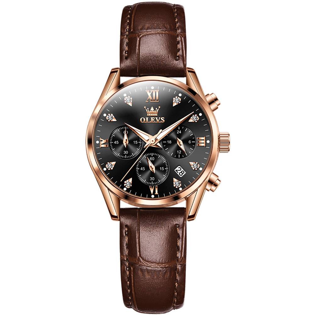 #Color_Brown Strap - Black Dial Rose Trim