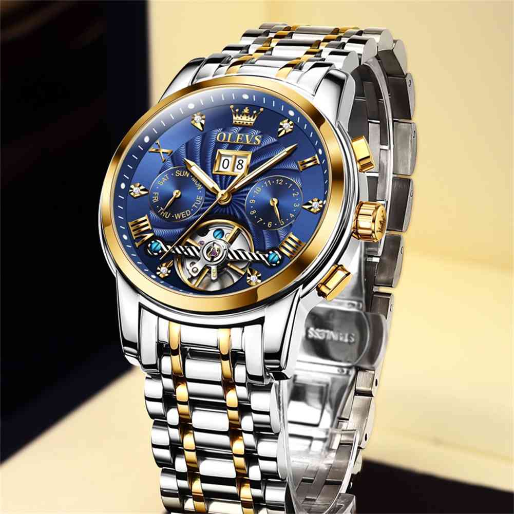 OLEVS 9910 Automatic Watches For Men Gold Luxury Dress Wrist Watch Self Winding Mechanical Skeleton Tourbillon Watch