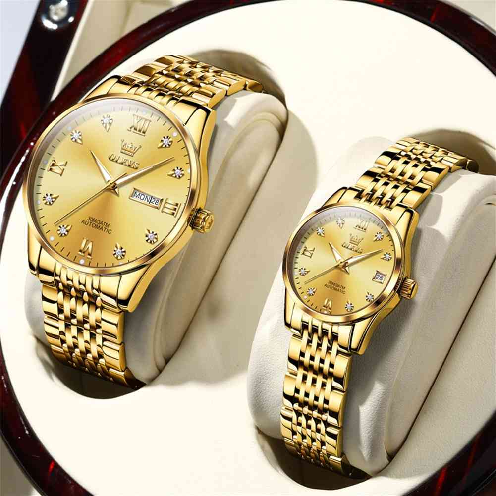 OLEVS 6673 Couple Mechanical Stainless Steel Watch, Diamond Face, Business Style