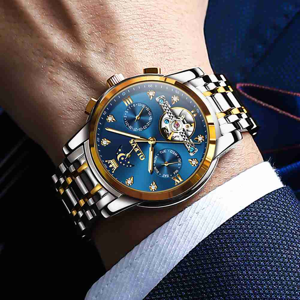 OLEVS 6678 Automatic Watches For Men Gold Luxury Dress Wrist Watch Self Winding Mechanical Skeleton Tourbillon Watch