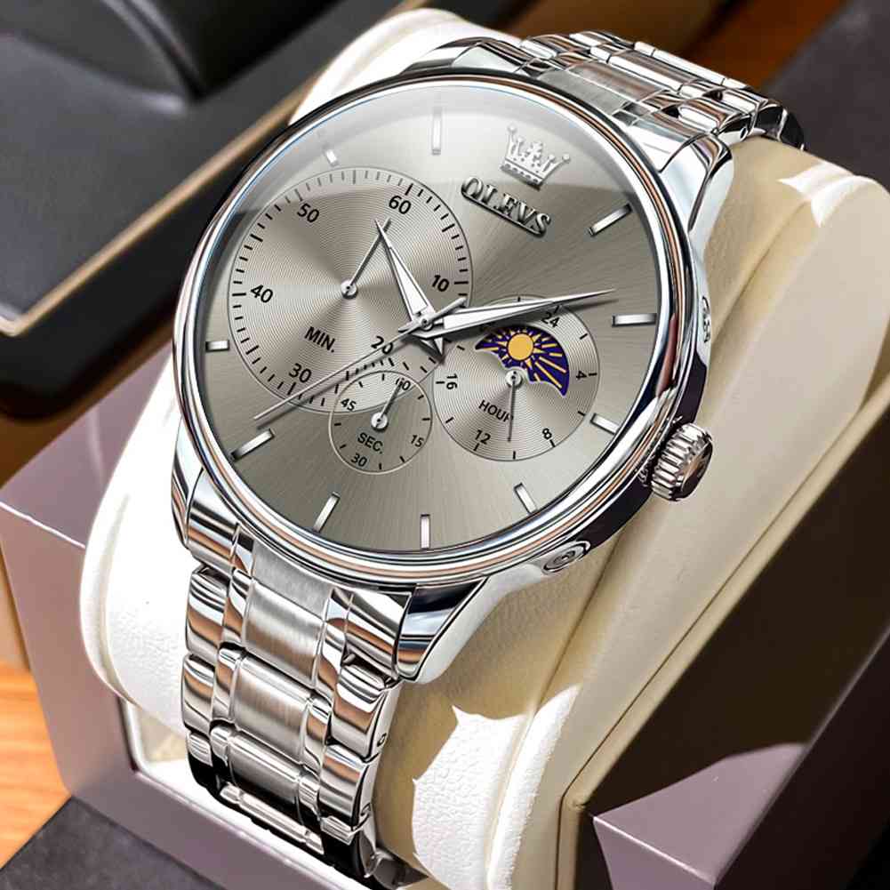 OLEVS 2936 Luxury Stainless Steel Quartz Watch Sophisticated Quartz Chronograph Watch with Day/Night Indicator